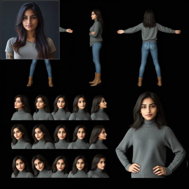 图片展示了通过Qwen Image Edit 2509工作流生成的女性角色多视角（正面、侧面、背面）及多表情/角度的头像集合，用于展示图像编辑后的角色设计效果