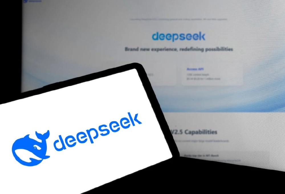 图片展示了带有DeepSeek品牌标志的手机屏幕及背景网页界面，网页上可见"deepseek"字样与"Brand new experience, redefining possibilities"标语，体现该大语言模型的品牌定位与技术愿景。