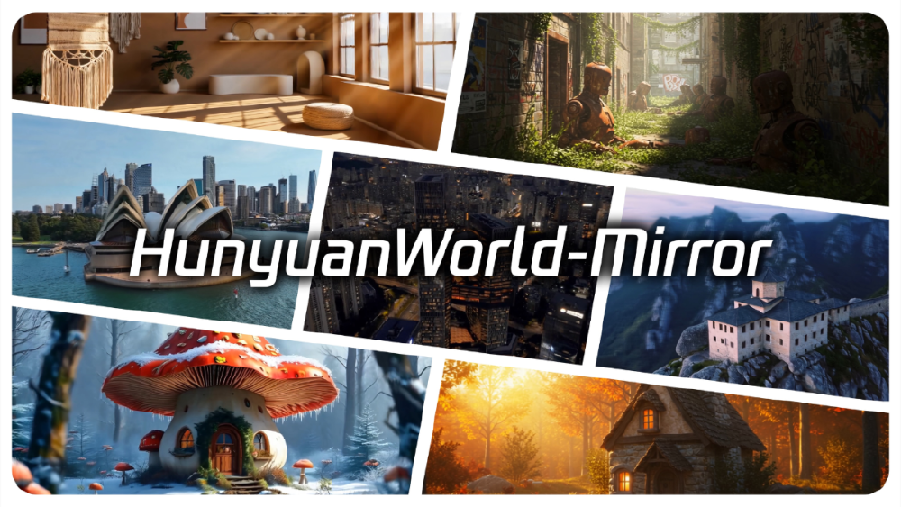 图片为HunyuanWorld-Mirror（混元世界模型）生成的多风格3D场景拼贴，包含室内、城市、童话等场景示例，展示模型的3D重建与生成能力。