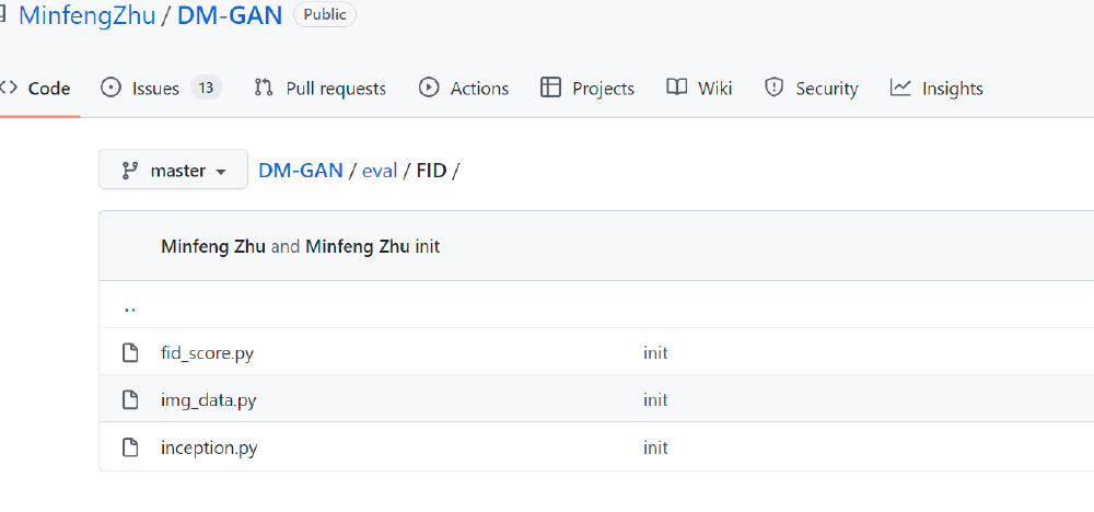 GitHub仓库MinfengZhu/DM-GAN中eval/FID目录的代码文件截图，包含fid_score.py、img_data.py、inception.py等用于FID定量实验的Python代码文件