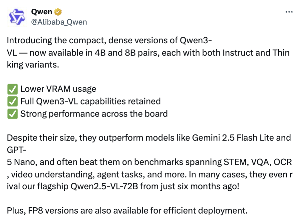 阿里通义千问官方账号推文截图，介绍Qwen3-VL系列4B与8B版本（含Instruct和Thinking变体），强调低显存占用、保留核心能力及跨基准测试优势，且提供FP8版本支持高效部署。