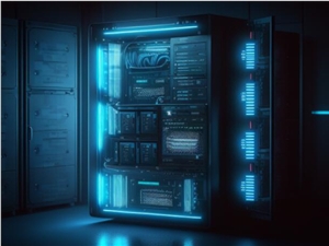 图中展示了带有蓝色灯光的黑色服务器机柜，内部集成电子组件，暗调环境营造出高科技数据中心或AI算力中心的氛围，体现AI硬件基础设施的技术场景。