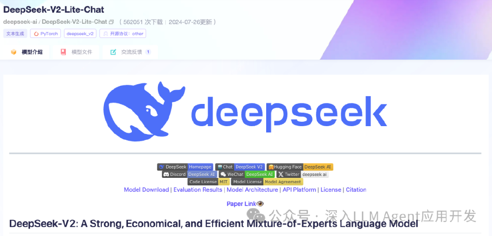 图片展示了DeepSeek-V2-Lite-Chat模型在模型平台上的页面，包含模型名称、下载量、更新时间及蓝色鲸鱼标志，底部标注模型介绍标题“DeepSeek-V2: A Strong, Economical, and Efficient Mixture-of-Experts Language Model”。