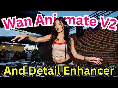图片展示一位女性在DJ台操作的场景，叠加文字“Wan Animate V2”和“And Detail Enhancer”，疑似用于展示Wan Animate V2模型的AI视频增强或角色动画效果。