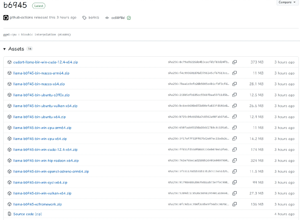 图片展示了GitHub上llama.cpp项目（版本b6945）的发布页面，列出了针对不同操作系统和硬件平台（如Windows、macOS、Ubuntu，CUDA、CPU、Vulkan等）的预编译二进制文件及相关元数据（大小、哈希值、发布时间）。