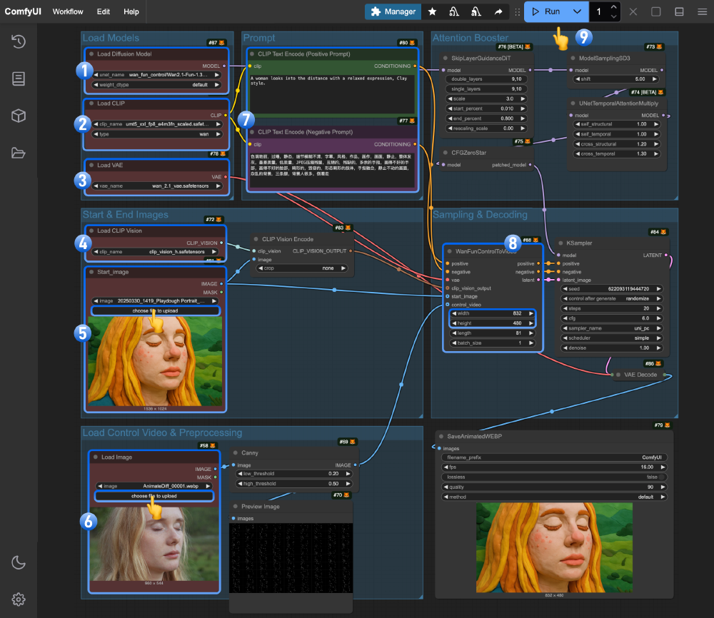 ComfyUI中使用Wan2.1 Fun Control模型生成视频的工作流界面，展示了模型加载、图像/视频输入、预处理及生成设置等节点连接