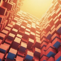 抽象3D几何结构示意图，由红蓝色立方体组成蜂窝状排列，背景带有黄色光晕，可能象征多层安全防护架构或Qwen3Guard-Gen-8B模型的神经网络结构
