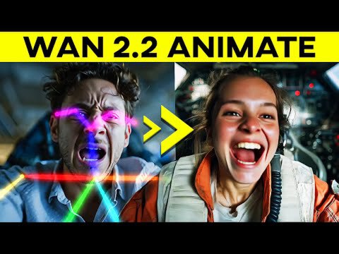 图片展示了WAN 2.2 Animate的角色动画效果对比，左侧为带彩色光效的人物图像，右侧为替换后的人物图像，中间有黄色箭头和“WAN 2.2 ANIMATE”文字标注，突出模型的角色替换与动画生成能力。
