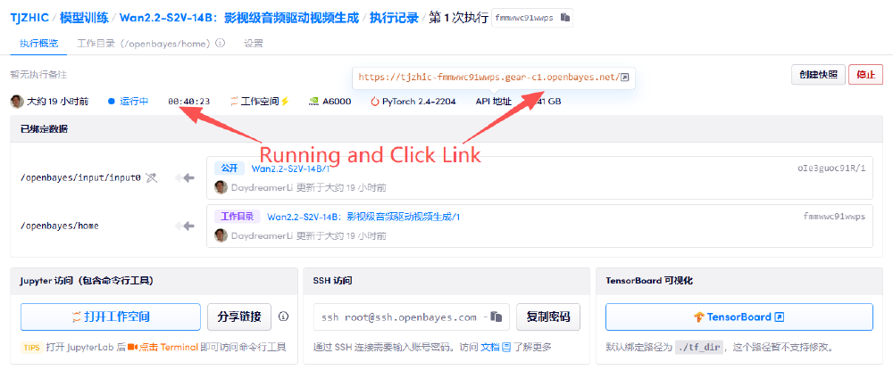 图片展示了Wan2.2-S2V-14B模型在AI训练平台的执行记录界面，显示模型处于运行中状态，使用RTX A6000 GPU，提供Jupyter、SSH和TensorBoard等访问方式，包含运行时长、技术参数等信息。