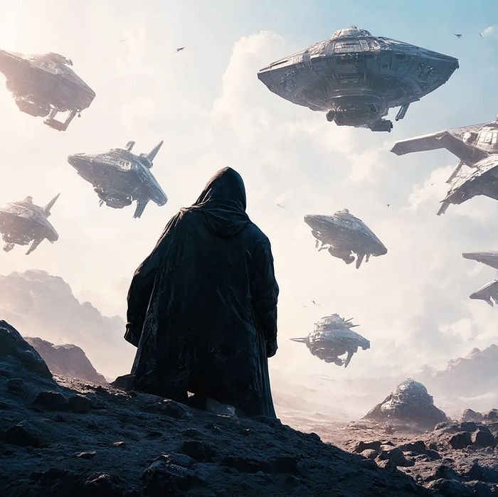 AI生成的科幻场景图，身披斗篷的人物背对镜头立于荒凉星球表面，空中悬浮多艘科幻宇宙飞船，呈现星际舰队的宏大画面，由Stable Diffusion 3模型生成。