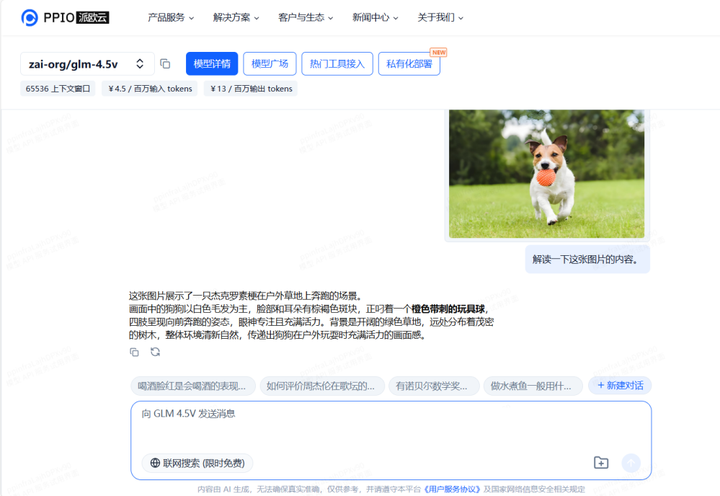 这是PPIO平台GLM-4.5V模型的界面截图，展示模型名称、输入输出价格，并提供图片解读功能，右侧示例图片为小狗叼球奔跑场景。