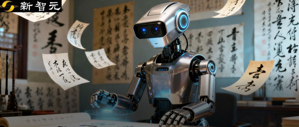 银色未来感机器人周围环绕带有汉字的纸张，背景装饰传统书法作品，体现AI在OCR（文字识别）领域的应用。