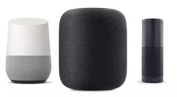 图片展示了三款主流智能音箱设备：Google Home、Apple HomePod和Amazon Echo，均为搭载语音交互功能的智能家居AI硬件产品。