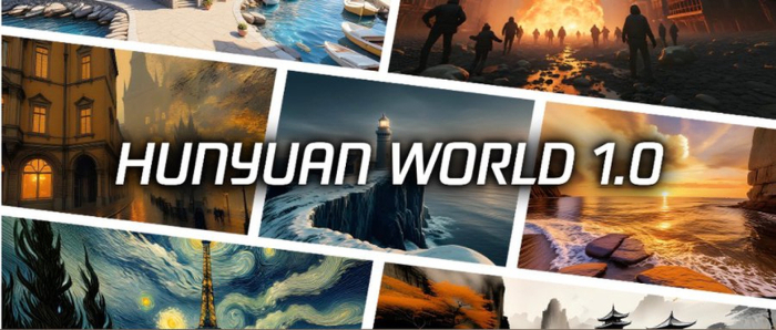 多幅风格各异的3D虚拟场景拼接图，中间标注“HUNYUAN WORLD 1.0”，展示腾讯混元3D世界模型生成的沉浸式虚拟世界效果，涵盖自然景观、建筑场景等