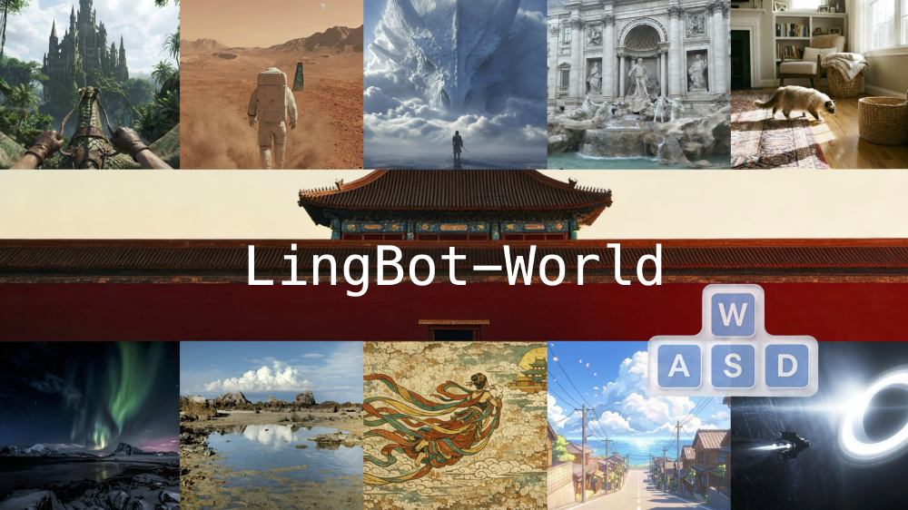 图片展示‘LingBot – World’相关的多场景拼贴界面，包含奇幻城堡、沙漠、龙等多样风格场景，底部配有WASD控制键图标，呈现虚拟世界的内容与交互设计。