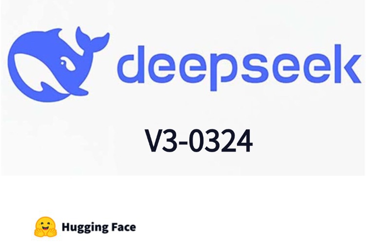 图片展示了DeepSeek的品牌标志（蓝色鲸鱼图标及‘deepseek’文字），下方标注型号‘V3-0324’，并带有Hugging Face的标志，表明与开源AI模型DeepSeek V3-0324相关。