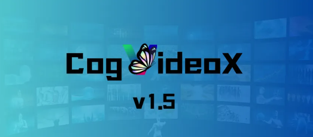 图片展示了AI视频生成模型CogVideoX v1.5的标识，带有彩色蝴蝶形状图标，背景为蓝绿色渐变并包含模糊视频缩略图，突出该模型的版本信息。
