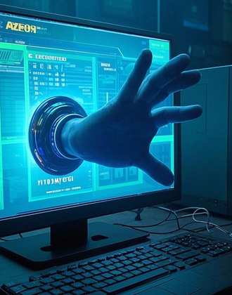 电脑屏幕显示蓝色科技界面，一只类似手的图像从屏幕中伸出，呈现AI智能体交互控制设备的科幻场景