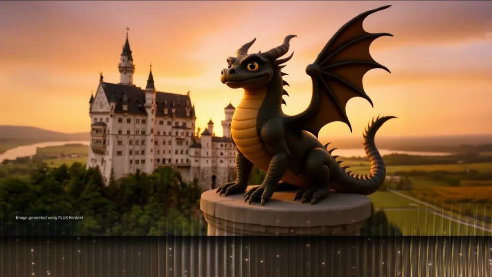 图片展示了一只卡通风格的龙立于城堡前的柱子上，背景为日落时分的城堡景观，左下角标注该图像由FLUX Kontext生成