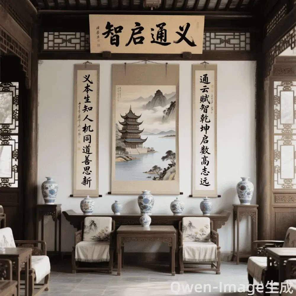 Qwen-Image生成的中式厅堂场景，展示对联文本渲染效果：横批“智启通义”及两侧书法对联，中央为岳阳楼水墨山水画，桌上青花瓷与古典布置融合，体现复杂文本与场景的精准结合。