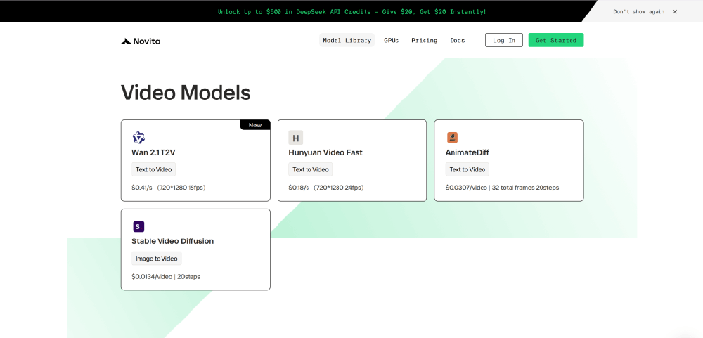 Novita AI视频模型选择页面
