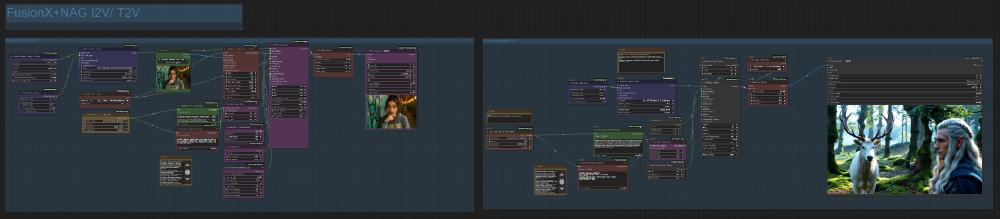 图片展示了ComfyUI中Wan FusionX+NAG的I2V/T2V工作流程节点图及生成的带角色与鹿的视频结果