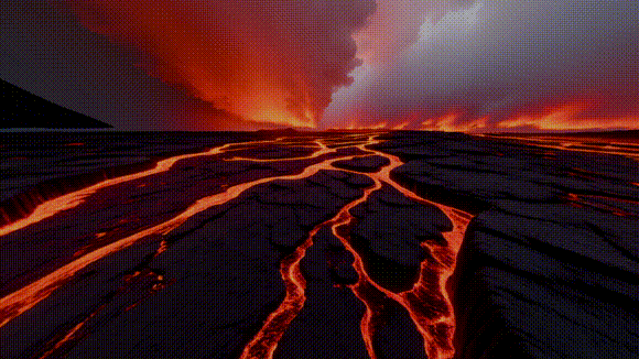 腾讯混元3D世界模型生成的炽热岩浆河流与蒸汽雾霭的3D漫游场景，展示其文生3D的高质量场景生成能力