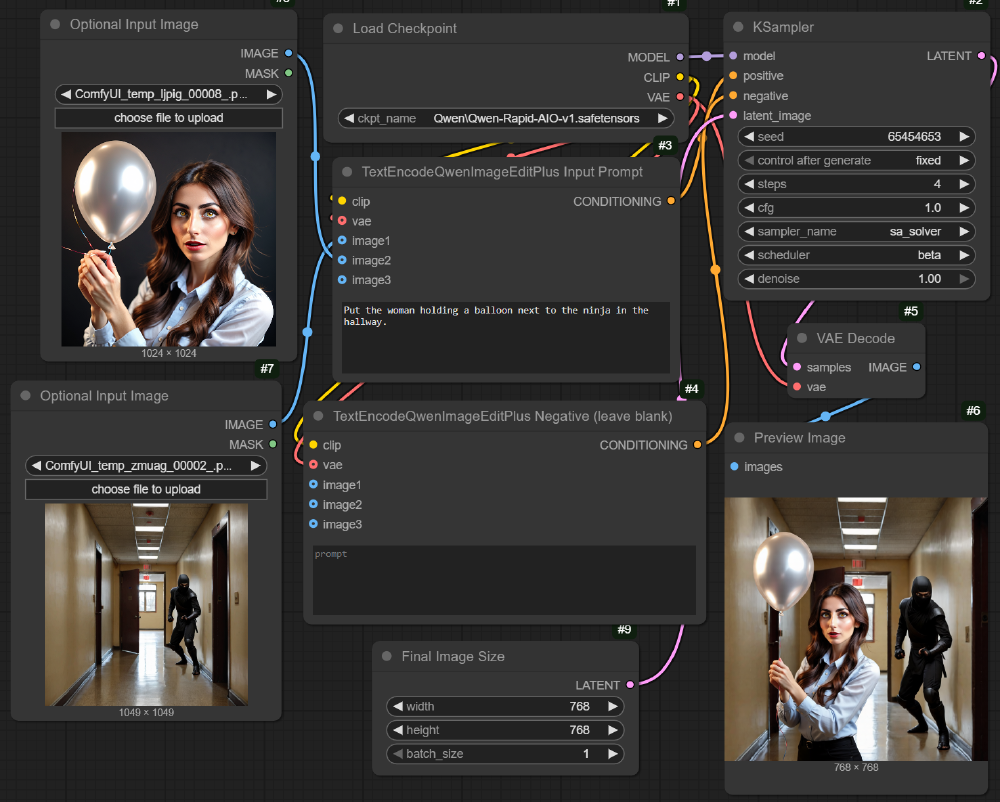 图片展示了Qwen-Image-Edit-Rapid-AIO工具链的ComfyUI可视化工作流界面，呈现图像输入、文本编码到采样输出的全流程节点配置与参数设置。