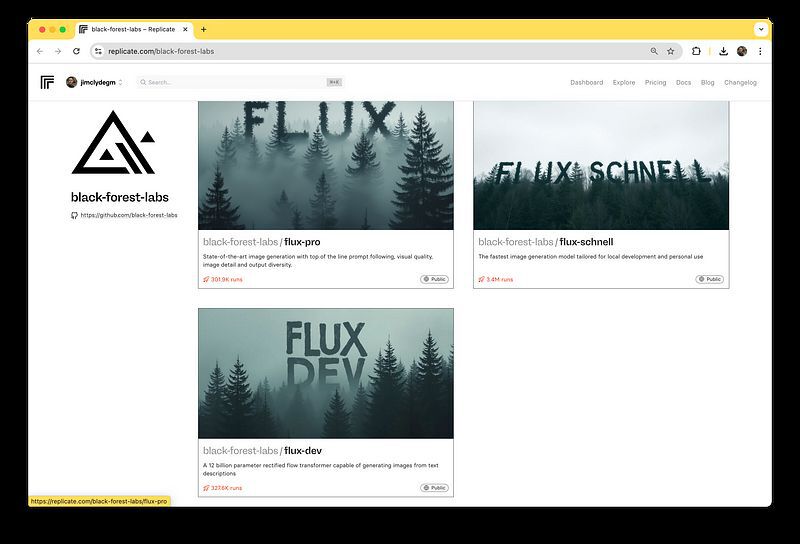 Replicate平台上Black Forest Labs的页面截图，展示了Flux.1的三个模型（flux/pro、flux/schnell、flux/dev）及其森林主题预览图，左侧带有Black Forest Labs标志。