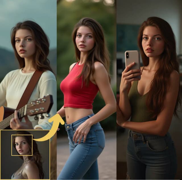 图片展示了Qwen Image Edit 2509工作流程中通过多图像编辑生成的不同场景女性形象，体现提示驱动的图像合成与风格转换效果