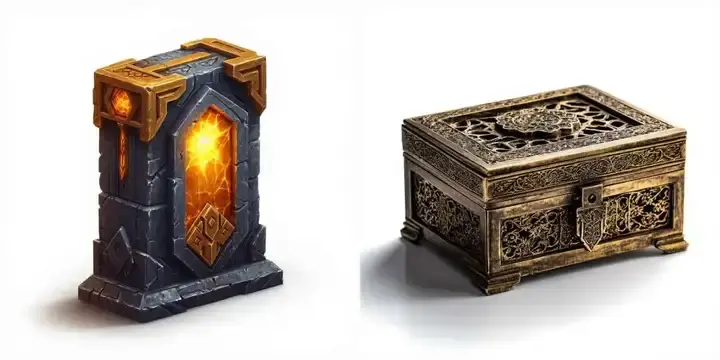 腾讯混元3D 2.0生成的两个3D模型，左侧为带有发光核心的石质魔法装置，右侧为带有复杂花纹的金属宝箱，展示AI 3D生成效果。