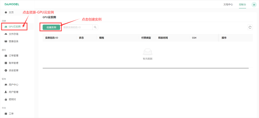 丹摩平台控制台的GPU云实例创建界面，左侧导航栏标注‘GPU云实例’并提示点击，右侧有‘创建实例’按钮，用于部署AI模型（如Gemma 3）。
