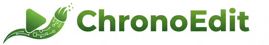 ChronoEdit的绿色标志，包含播放按钮形状图形和电路板风格装饰元素，体现其AI图像编辑与视频生成的技术属性。