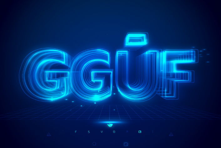 以蓝色霓虹风格呈现"GGUF"字样的科技感图片，背景为深色网格，突出AI模型部署格式GGUF的视觉化表达。