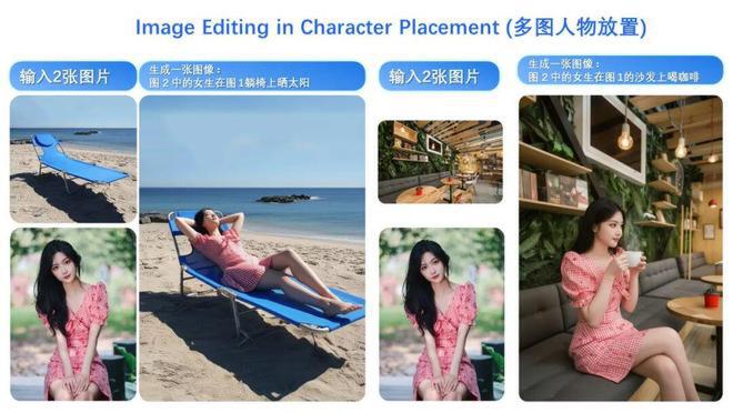 这是阿里Qwen-Image-Edit-2509模型的多图人物放置编辑示例，展示输入两张图片（场景图与人物图）后生成的人物在不同场景（海滩躺椅、咖啡馆沙发）中的编辑效果，体现多图编辑功能。