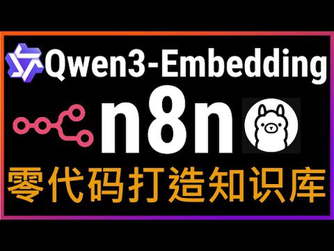 Qwen3-Embedding模型与n8n工作流结合的主题，配有Ollama羊驼图标，底部文字“零代码打造知识库”突出核心功能，背景有彩色边框