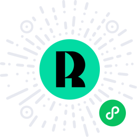 图片展示了一个以绿色圆形为主体的标志，内部包含黑色字母“R”，右下角配有绿色小圆及白色符号，周围有淡灰色几何装饰元素，整体风格简洁现代。