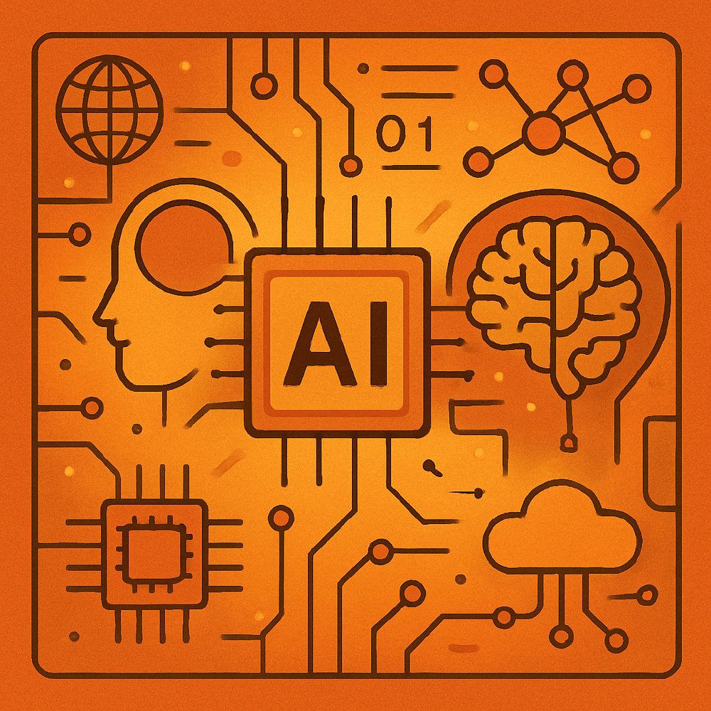 以橙色为背景的AI主题插画，包含电路板、人类头部轮廓、大脑、芯片、地球、云等科技元素