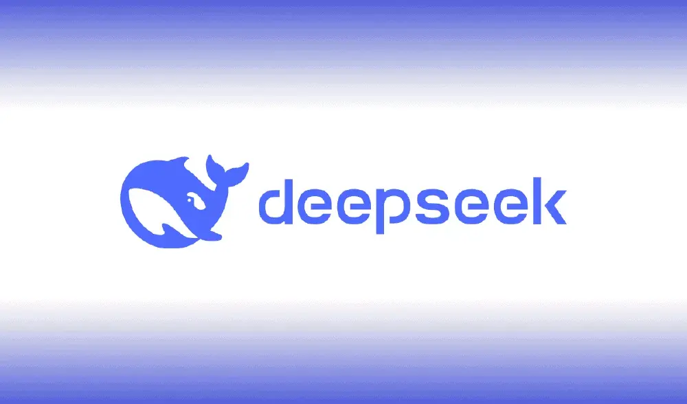 图片展示了DeepSeek的品牌标志，蓝色鲸鱼图形与文字“deepseek”组合，背景为蓝白渐变，用于标识该AI大模型开发公司。