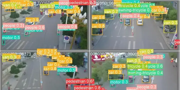 图片展示了四个不同道路场景的目标检测结果，通过不同颜色矩形框标注并分类识别出 car、pedestrian、motor、van、tricycle 等物体，标注数字为置信度，体现计算机视觉中的目标检测技术。