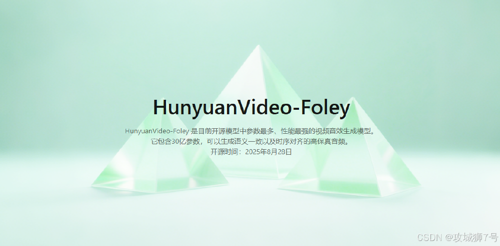 图片以透明绿色金字塔为背景，展示腾讯开源的HunyuanVideo-Foley视频音效生成模型，文字说明其为参数最多、性能最强的开源模型，含30亿参数，可生成高保真音频，开源时间为2025年8月28日。