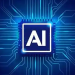 蓝色科技风格背景下带有“AI”字样的芯片图标，周围环绕电路线条，体现人工智能技术的硬件基础