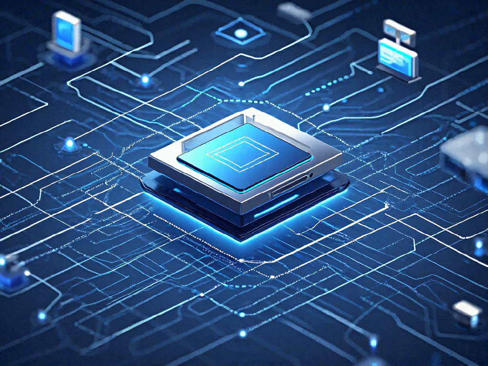 中央带有蓝色发光效果的芯片或处理器置于科技感十足的电路背景中，象征AI计算硬件与网络智能体的技术架构