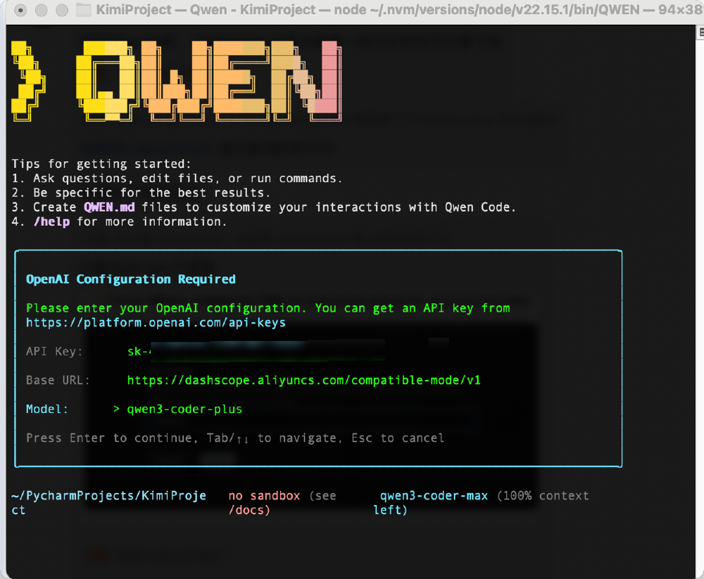 终端界面截图，展示Qwen Code的OpenAI配置界面，包含API密钥、Base URL和模型（qwen3-coder-plus）设置项及使用提示。