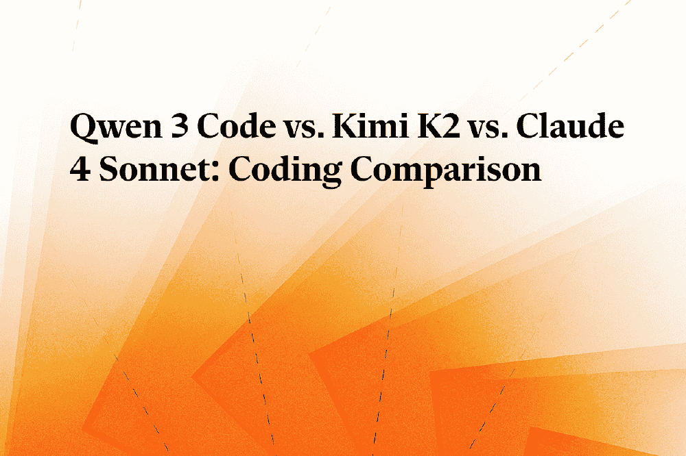 展示Qwen 3 Code、Kimi K2和Claude 4 Sonnet三种AI模型编码能力对比的标题图，背景为橙黄色几何图形。