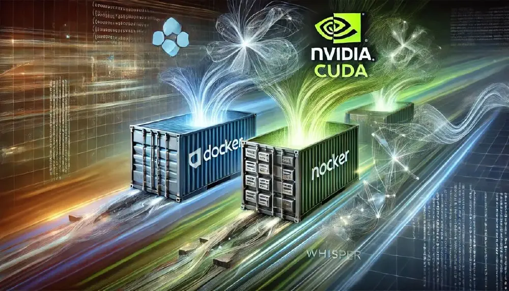 科技风格图像展示带有“docker”标识的容器与NVIDIA CUDA标志，结合“WHISPER”字样，以光效和数据流表现Docker搭配CUDA加速运行OpenAI Whisper模型的技术场景。