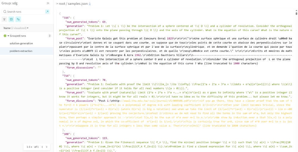 W&B控制面板中ns generate管道的输出