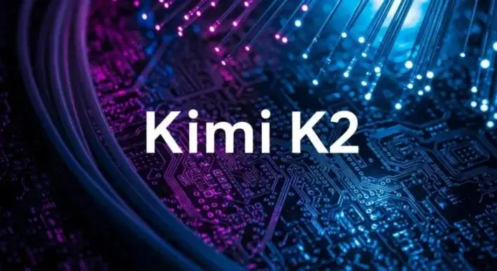 带有蓝紫色灯光效果的电路板与光纤背景上，中央醒目显示“Kimi K2”文字，突出该开源大型语言模型的技术感。