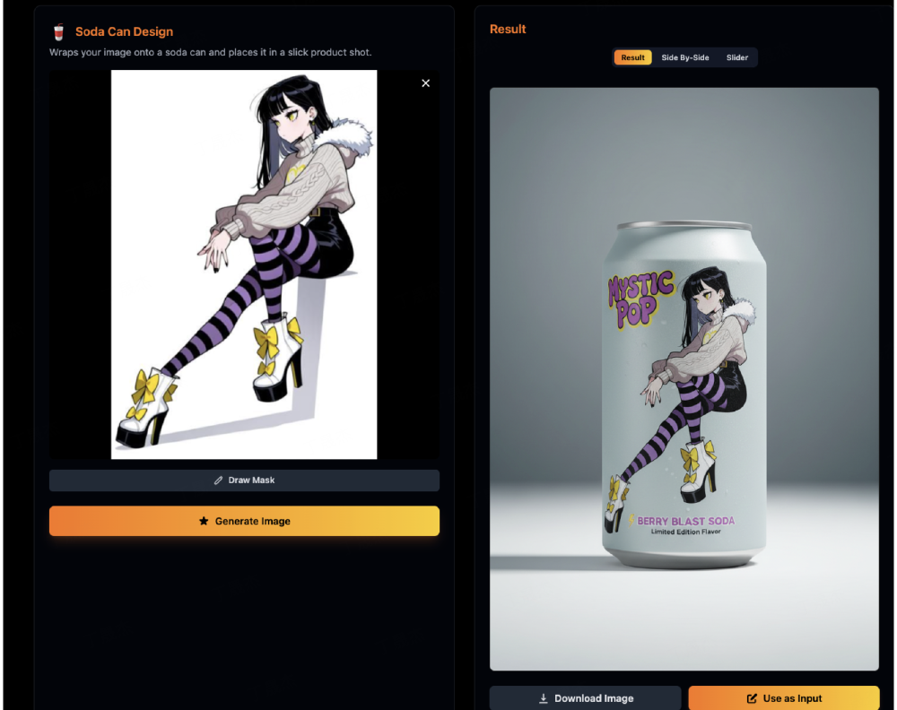 图片展示了AI图像生成工具的界面，左侧为卡通角色图像输入，右侧为生成的“MYSTIC POP”苏打罐产品图，工具将图像包装至苏打罐以生成产品渲染效果，体现了AI图像编辑与产品设计的结合。