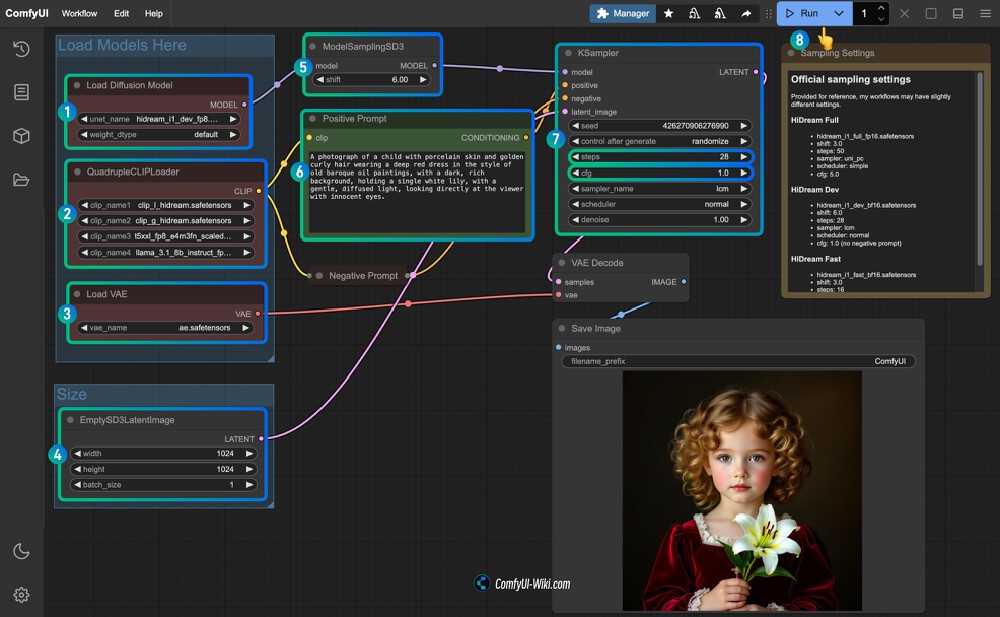 ComfyUI界面中的HiDream-I1文生图工作流节点图